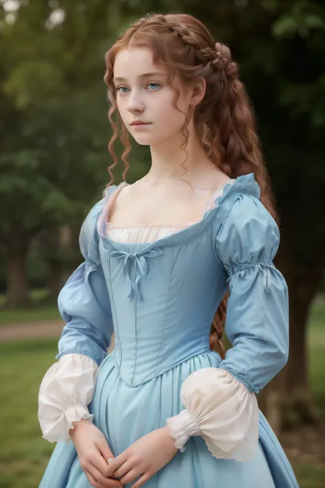 England, 1558. Full body. A young ((((15-year-old)) Margery Fitzgerald)), beautiful, intelligent, expressive eyes, graceful demeanor, outdoors, ((sad expression)), ((((clothings from the 1550s, pastel blue)))), ((curly dark-chestnut hairstyle of the 1550s,...