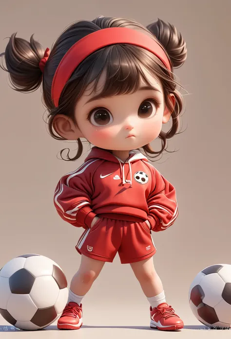 3d，1. little girl，headband，unique，1. football，red sportswear suit，cartoon style，court，