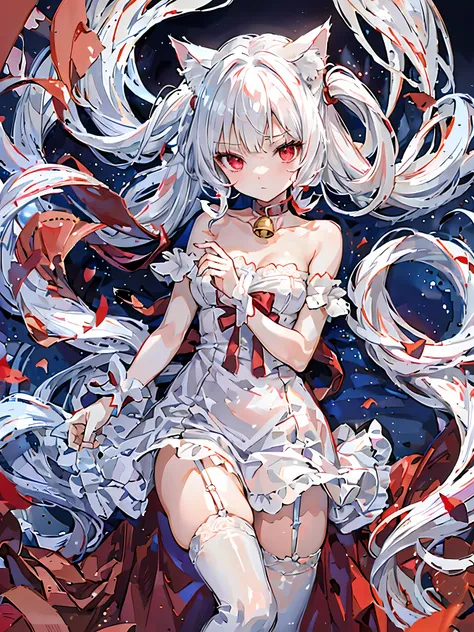 top-quality、 8K、 red eyes, white hair, long hair, One piece Dress, White cat ears, White cat tail, garter belt, garter straps, collar with bell, Nice、 Beautiful hair、 Beautiful eyes、 Beautiful skin、Beautiful legs、Beautiful arms、Perfect fingers、 Very cute、 ...