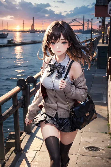 very cute and beautiful girl,teen,(highly detailed beautiful face),(gray blouse),(smile),
cowboy shot,(red cardigan:1.2),long sleeve BREAK zettai ryouiki,(brown shoulder bag),(plaid brown mini skirt:1.3),
walking,stylish pose,wavy hair,black hair,(black bo...