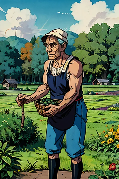 an old farmer harvesting his vegetables