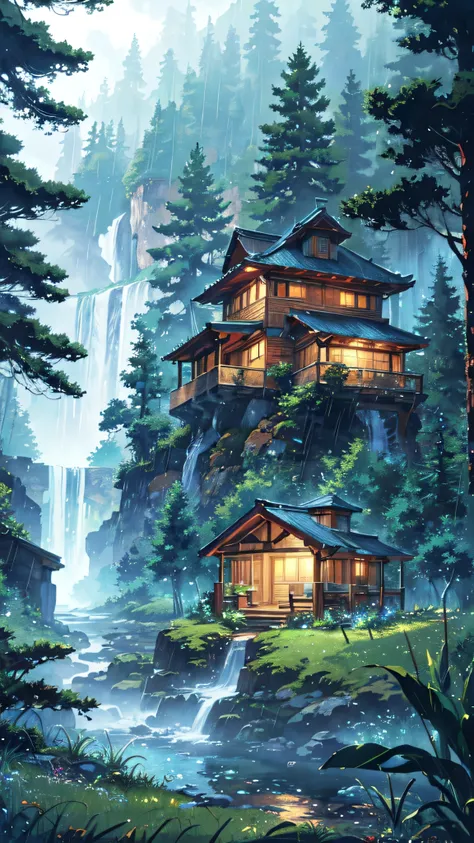 Anime rainy day scenery 
BREAK (masterpiece, best quality:1.2), outdoors, nature, forest, pines, grass, tall grass, detailed grass, plants,  cloudy sky, trees, wood house from distance, waterfalls, monsoon
