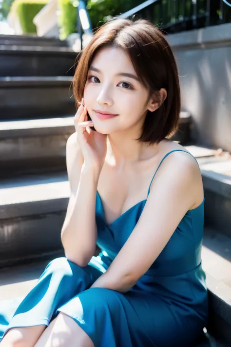 (Cinematic Aesthetic:1.4) Photo of a beautiful korean fashion model sitting on the stair, in the garden, (make-up), blue dress, luxury stair, smile, pink lip, dark eyes, thin eyesbrown, short hair, brown hair,