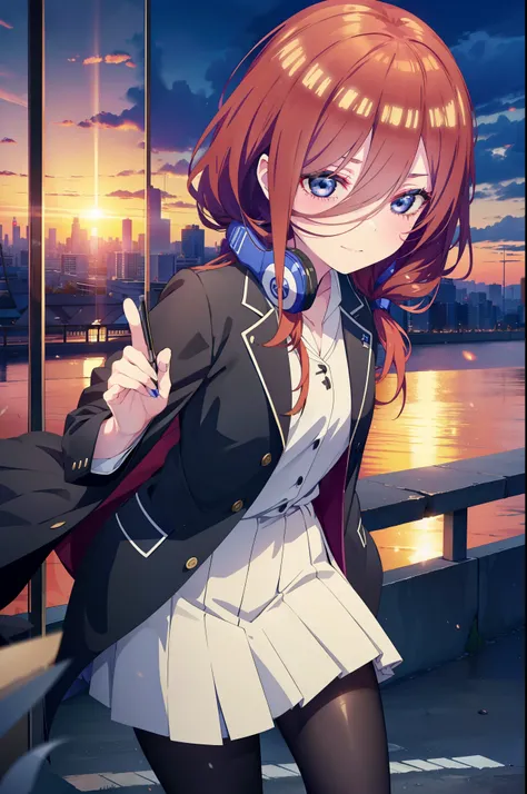 Miku Nakano, Miku Nakano, Long Hair, bangs, blue eyes, Brown Hair,,Blue Hairband ,Hair between the eyes, happy smile, smile, Open your mouth,Headphones around the neck,OL, Akagi Glasses, Black suit jacket, Collared jacket, White dress shirt, Collared shirt...