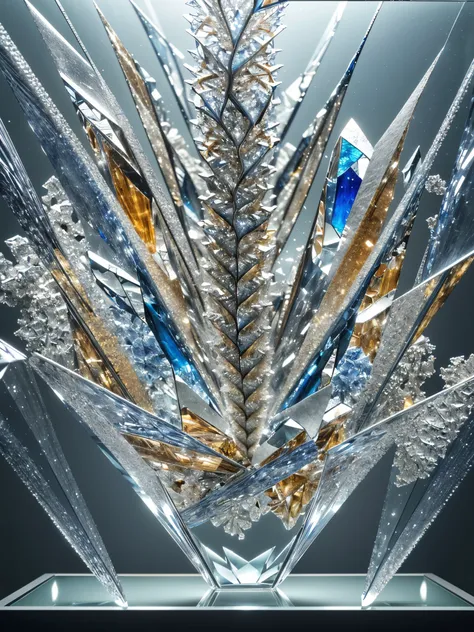 (shattered fractal crystal glass in museum display:1.3), BREAK, (super intricate details fractal glass art:1.3), glassware, 3d digital art, (realistic:1.3), (glass fragment:1.3), deconstructive, installation art, geometric art, sharp focus, ((Fresh backgro...