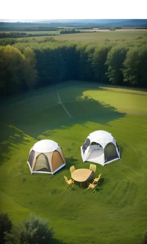 two tent are set up in a field with picnic tables, Glamping, hexadome, Summer environment, domespace, summerhouse, camping, tent, geodesic domes, geodesic, geodesic dome, Infinity of the enneagon, domes, author Etienne Delessert, dome, tent building, Outdo...