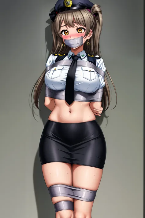 Masterpiece, best quality, solo ,big breasts, minami kotori, curvy body ,crop top, midriff,earrings, pencil skirt, necktie , standing,police cap, cowboy shot, thighs, narrow waist,wide hips , sweaty, blushing,shy pose, skin tight ,Tape Gag, Tape Bondage