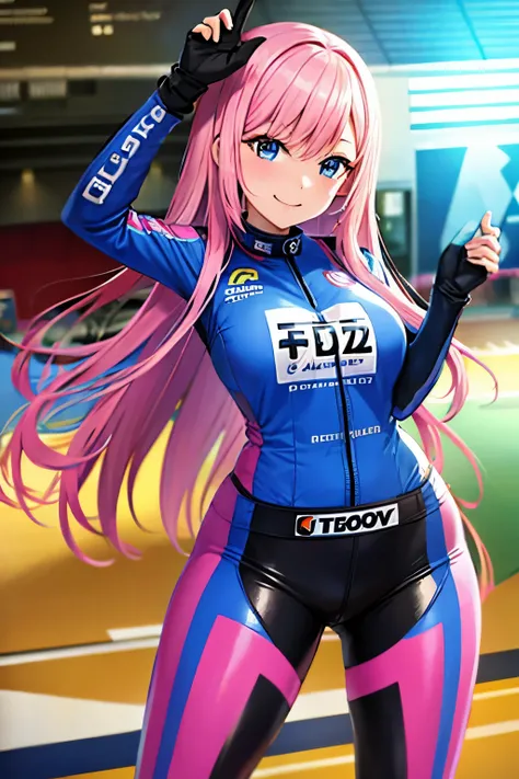 best quality,highres),Tess Darret,Pole Position,holding a race helmet in hands,standing inside of her race car,smiling,anime style,bright colors,dynamic lighting,shiny finish,energetic pose,attention to detail,sparkling eyes,long flowing hair,wearing a rac...