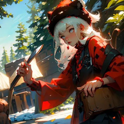 Red checkered shirt, beaver fur hat, holding an axe, young man, pop taste, cunning