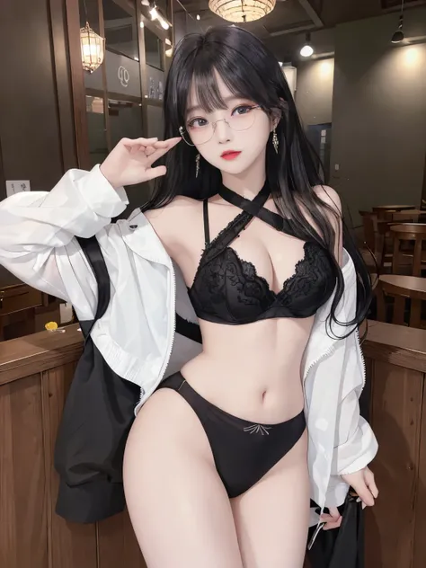 Top image quality、Raw photography、A high resolution、20-year-old cool Korean、big round chest、thin silk jacket、black lace underwear、Beautiful Eyes of Details、very elongated eyes、Beautiful eyelashes、Beautiful double eyelids、eyeshadows、 wearing super tight min...