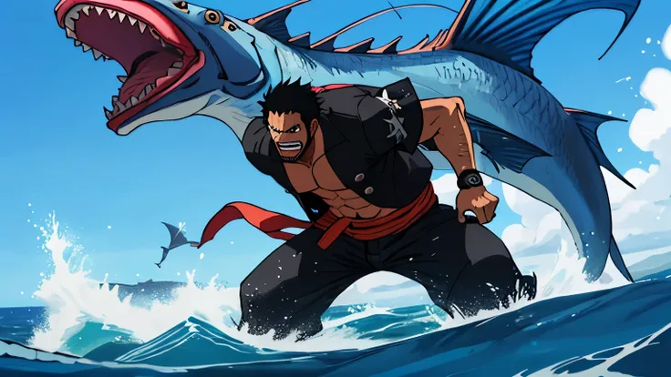 One Piece, males fighter badass caractere with fishing rod, fighting position against Sea Beast, detailed face, detailed clothes, fish