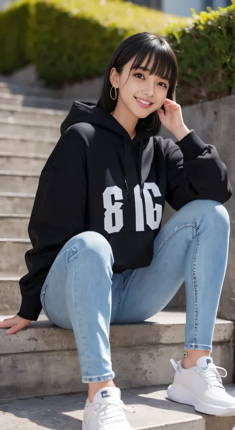 highest quality, Realistic, Very detailed, Finer details, High resolution, 8k wallpaper, One beautiful woman,Sit on the stairs、 Oversized hoodie, Skinny jeans, White sneakers、Putting on socks、Black Hair、 Beautiful Bangs、ear piercing、smile、Beautiful teeth a...