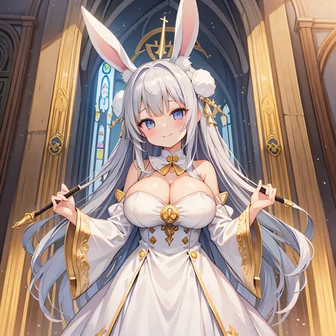 highest quality、One girl、、Big Breasts、Cleavage、Rabbit Girl、White bunny ears、Long silver hair、Holy Dress、Wand with jewels、smug face、Inside the church