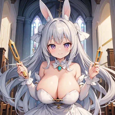 highest quality、One girl、、Big Breasts、Cleavage、Rabbit Girl、White bunny ears、Long silver hair、Holy Dress、Wand with jewels、smug face、Inside the church