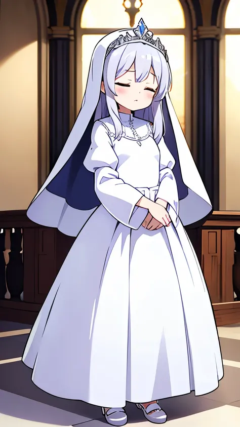 saint,Sister,Adult women,White Dress,The dress is ankle-length,tiara,Wearing a veil,Straight long with silver hair,Both eyes are closed,Hands folded in front of you