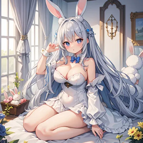 highest quality、One girl、、Big Breasts、Cleavage、Rabbit Girl、White bunny ears、Long silver hair、Holy Dress、Wizard&#39;s wand、smug face、Inside the church