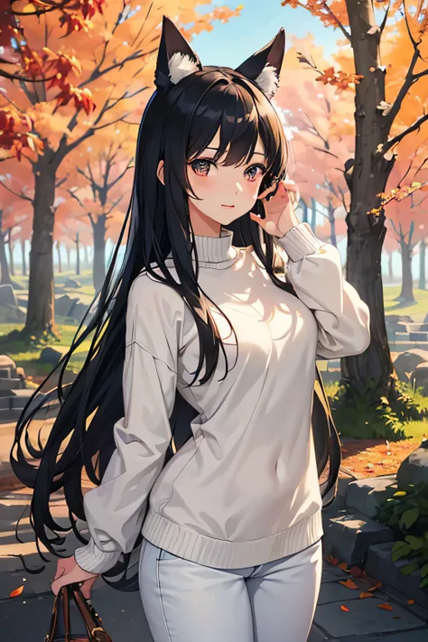 (best quality,4k,highres,masterpiece:1.2),ultra-detailed,realistic,anime girl with animal ears,white sweater under black jacket,black hair,long-flowing hair,looking into the viewer,bright and expressive eyes,delicate facial features,Cute and innocent smile...