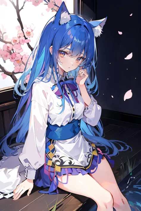 (masterpiece:1.2),ultra-detailed,realistic,expressive eyes,fair-skinned,perfectly shaped face,1girl,
Japanese cartoons,Gorgeous blue hair, flowing blue hair,floating clothes,cat ears,petals falling,beautiful Lola,Hina Angel,
hands on waist,gracefully sitti...