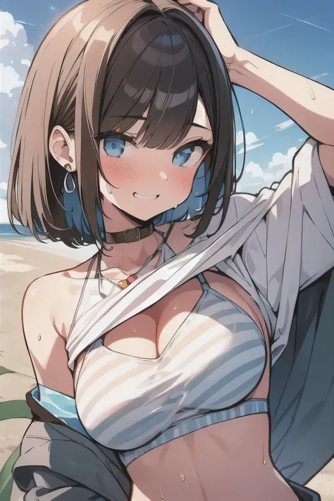 (best quality), (Super detailed), (Best Illustration), (masterpiece), (woman), look at viewer, {(white T-shirt), (shirt lift:1.2), (show off striped bikini:1.2)}, (large breasts), {(detailed eyes), blue eyes}, {brown hair, (sideburns), (bob cut:1.3), curly...