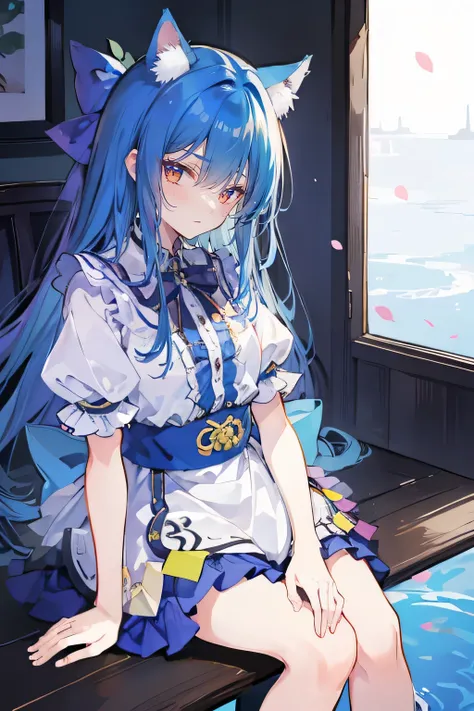 (masterpiece:1.2),ultra-detailed,realistic,expressive eyes,fair-skinned,perfectly shaped face,1girl,
Japanese cartoons,Gorgeous blue hair, flowing blue hair,floating clothes,cat ears,petals falling,beautiful Lola,Hina Angel,
hands on waist,gracefully sitti...