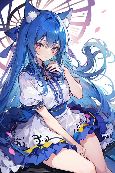 (masterpiece:1.2),ultra-detailed,realistic,expressive eyes,fair-skinned,perfectly shaped face,1girl,
Japanese cartoons,Gorgeous blue hair, flowing blue hair,floating clothes,cat ears,petals falling,beautiful Lola,Hina Angel,
hands on waist,gracefully sitti...
