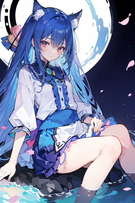 (masterpiece:1.2),ultra-detailed,realistic,expressive eyes,fair-skinned,perfectly shaped face,1girl,
Japanese cartoons,Gorgeous blue hair, flowing blue hair,floating clothes,cat ears,petals falling,beautiful Lola,Hina Angel,
hands on waist,gracefully sitti...