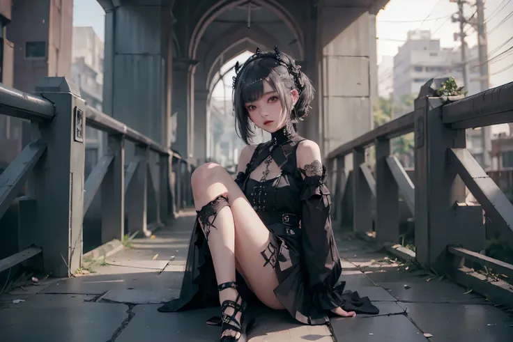 minimum, harmony, aesthetic, in Ruins with broken concrete, soft light of dusk gently illuminates, (graceful girl see 1 flower blooming at her feet:1.2), 24-years-old, slender, Medium Hair, bangs, (Gothic_Punk:1.2), masterpiece, best quality, RAW Photos, s...