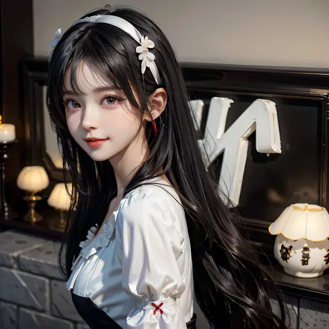 {Masterpiece, highest quality, 8k resolution, Ultra fine}, Medium-long black hair, M-shaped bangs, Inward curl、Baby Face, White blouse, Black Dress, Red headband in hair, Small breasts、Big red ribbon in the back hair、smile, happiness、Wing hair ornament、Whi...