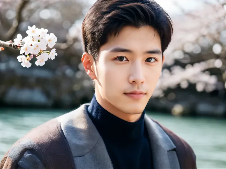 Keep eyes contact .Realism, 8K full body portrait, a handsome guy, 28 year old man,Wearing wool sweaters and jackets. charming expression, Detailed facial details, Cherry blossoms bloom on both sides of the Meguro River. 