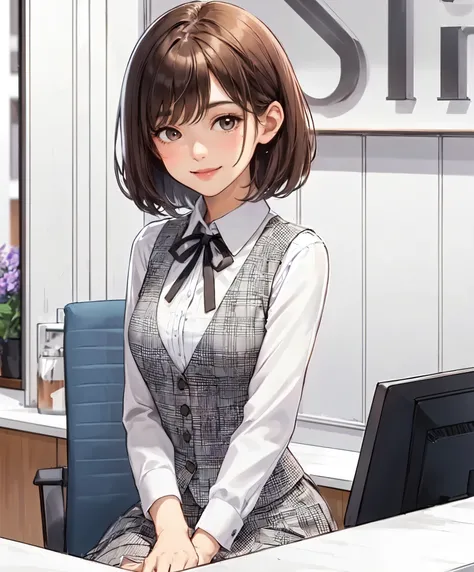 1lady solo, sitting, (looking up) (from above), office worker, ((vest with white and gray checks:1.1) over white dress shirt), mature female, /(brown hair/), kind smile, (masterpiece best quality:1.2) delicate illustration ultra-detailed, large breasts, bo...