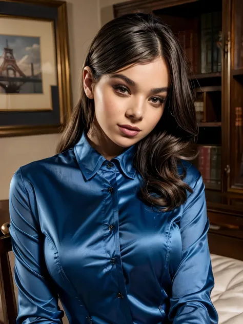 arafed woman wearing blue satin collared shirts, (buttoned up), long sleeves, black , looking at viewer, sensual expression