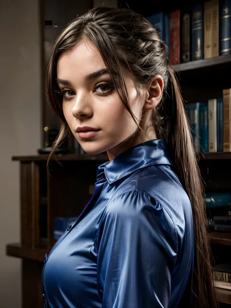 arafed woman wearing blue satin collared shirts, (buttoned up), long sleeves, black , looking at viewer, sensual expression