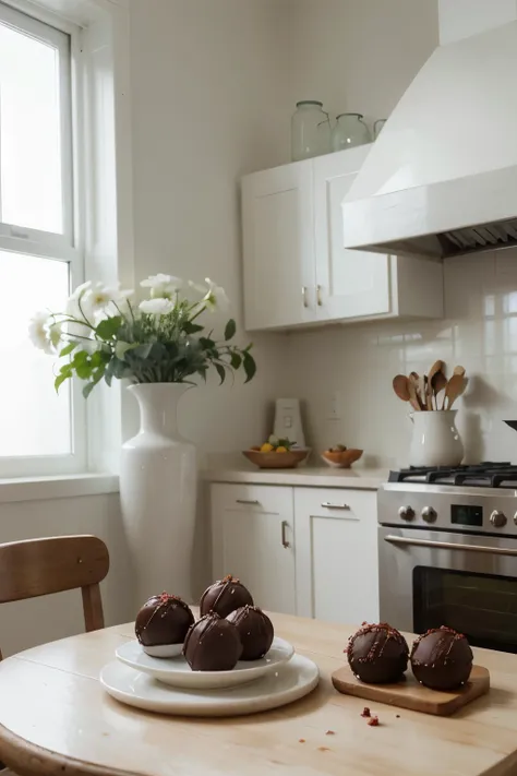 Picture prompt: A breathtaking, cinematic image of a serene and minimalist kitchen scene. The predominant color is white, softly contrasting with shades of pastel brown, evoking a cozy and inviting atmosphere. The kitchen is adorned with wooden details and...