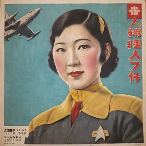 a photorealistic representation of a 1930s japanese propaganda poster featuring an jpanese female in black and grey ds9st unifor...