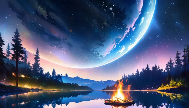 landscape, summer, night, forest, Bonfire in one place, double exposure,Starry Sky, High definition details, Ultra Detailed, Movie, Surrealism, Soft Light, deep focus bokeh, Ray Tracing, Surrealism. , Art Station Pixiv Gees, author：Xin Haicheng, Art sprout...