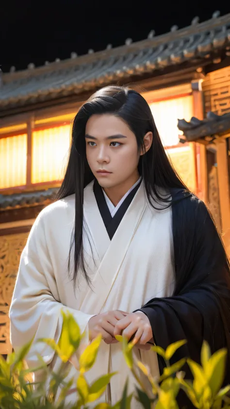 of a guy，long whitr hair，black hair，handsome，deep eyes，full bodyesbian，wear hanfu，black hanfu，black buhan followed，ancient wind，...