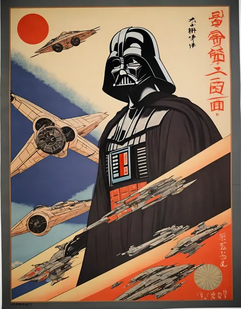 a photorealistic representation of a 1930s japanese ukiyo e prints  poster featuring an fullbody darth vader aboard a starship c...