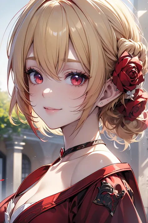 absurdres, (8k, RAW photo, best quality), masterpiece, hyper detailed, perfection, best quality, photo-realistic, (((1girl:1.2))), (((blond girl))), (((solo:1.2))), elf, elf ears, (((blond shortcut hair))), (((burgundy hair ends))),  (((scarlet red eyes)))...