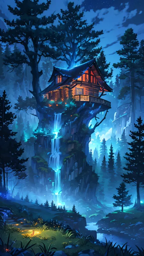 Anime night scenery 
BREAK (masterpiece, best quality:1.2), outdoors, nature, glowing forest, pines, grass, tall grass, detailed grass, plants, night, clouds, dark blue sky, red maple trees, tree house from distance, full moon, waterfalls, autumn 
