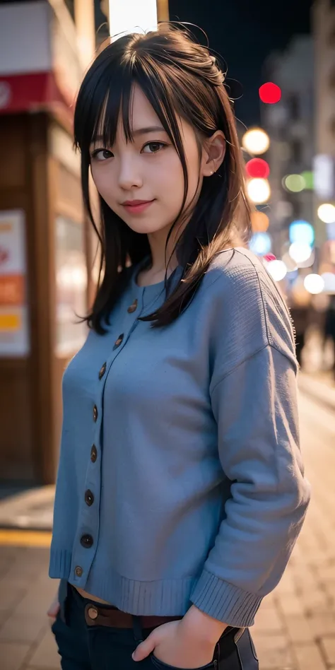 1 Girl, Tokyo Street,night, Streetscape,City lights,Upper Body,close,smile,, (8K, Raw photo, highest quality, masterpiece:1.2),(Realistic, photo-Realistic:1.37),