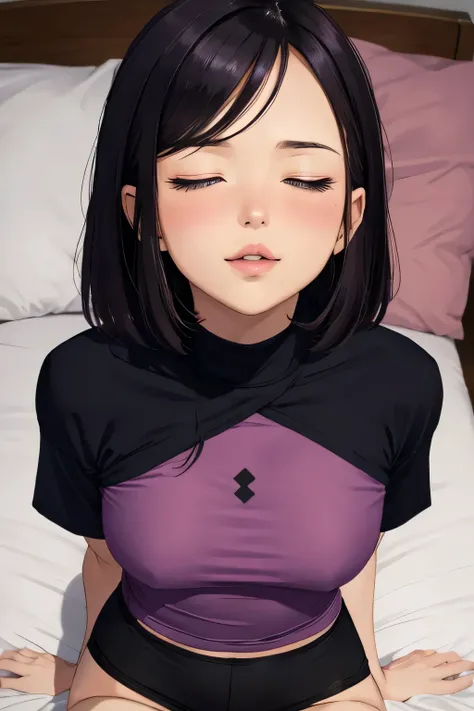 a short sexy woman wearing purple t shirt and black tracks, lying on bed, head on pillow, eyes closed, lips parted, blushing intensely, ready to kiss