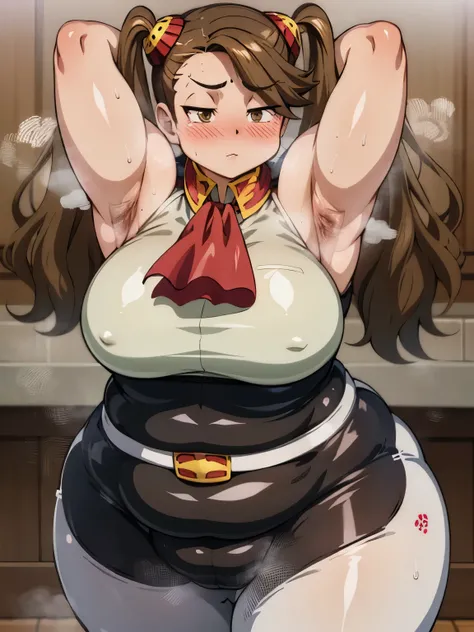 A woman wearing tight white long tights, Big booty, Curvaceous loot, Brown Hair,Light brown eyes,Muscular!!,Blushed,Troubled expression,steam,Sweat,Steam coming from the body,Big Ass!!,pigtails,BIG Boned,farting,Underarm,Armpit hair,Wearing long white tigh...