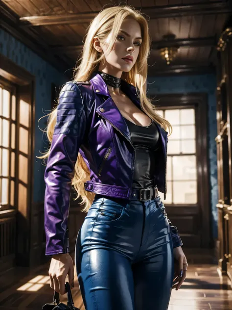 in photorealistic style, a blonde woman with long hair in blue leather pants and a purple leather jacket stands in the empty house