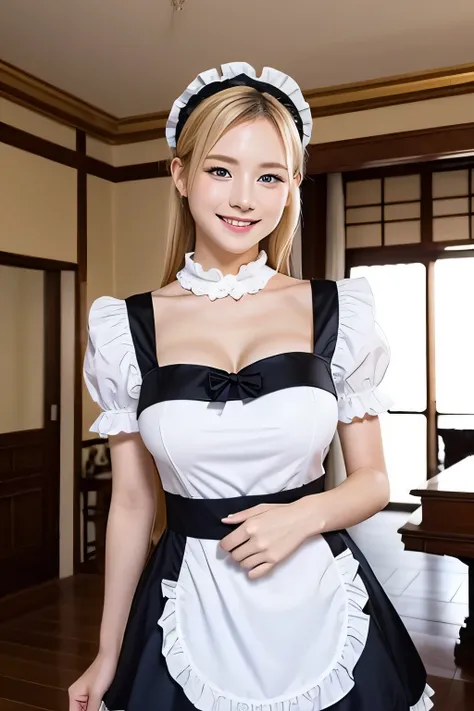 black and white maid outfit、Medium breast、Japanese、Gal、Blonde、blue eyes、cute、smile、Standing beautifully、The interior of a mansion in the background