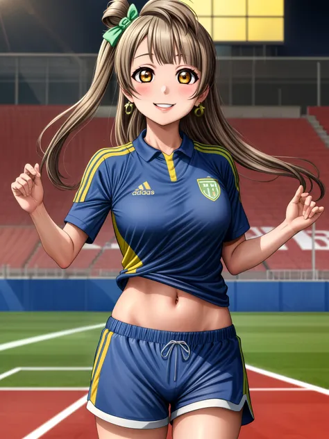 Masterpiece, best quality,Minami kotori, cowboy shot,1girl, smile, shirt, earrings, shorts, sportswear, soccer_uniform, soccer, adidas, breasts, navel 