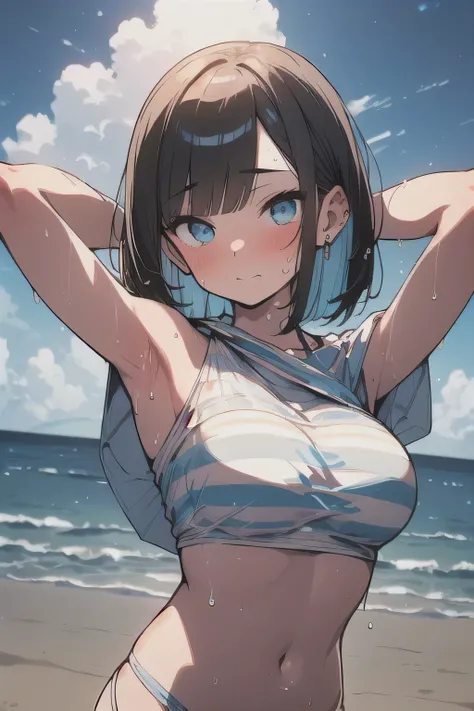 (best quality), (Super detailed), (Best Illustration), (masterpiece), (woman), look at viewer, upper body, (arched back), (arms up behind:1.2), {(white T-shirt), (shirt lift:1.2), (show off striped bikini:1.3)}, (large breasts), {(detailed eyes), blue eyes...