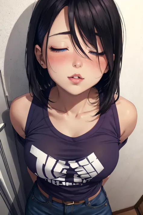 Amazing portrait of a short and sexy woman wearing purple t shirt and black tracks who is  pinned against the wall with her eyes closed and lips parted while blushing intensely and is ready to kiss