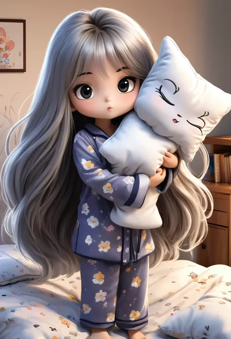 little girl，Big bright eyes，Dark eyeshadow，Silver fluffy long hair，Pajama set，pattern，Standing，Holding a pillow，Correct human anatomy，Warm，Warm，Soft，Strengthen the main position of the characters in the scene。Through fine lines and color contrast，Showing a...