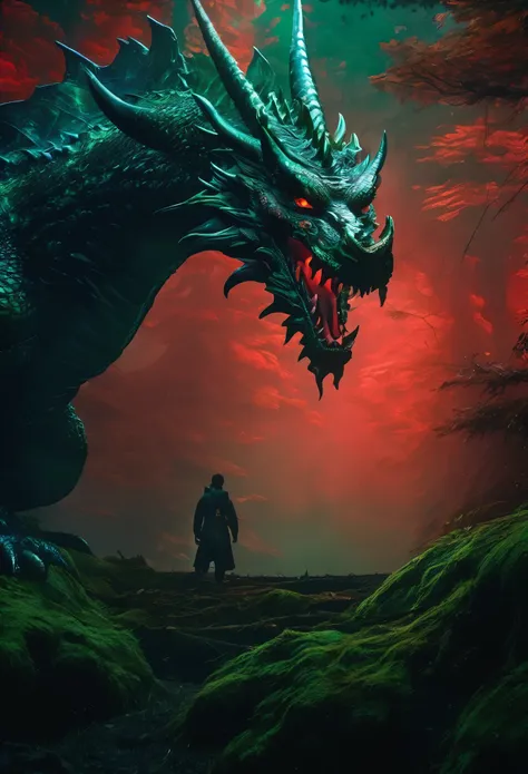 facing to the viewer, Mystical giant looks like a giant dragon dracarys (((gentle creature made of mist))), insane huge size, intricate patterns of red in its dark green fur, in a dark scary highly detailed forest, surrounded by birds. Night forest scene, ...