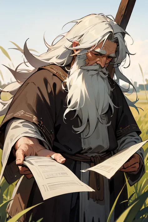 Old man, viking clothes, worn down clothes, unkempt hair, long beard. grass fields, hair covering side of face, showing paper to viewer